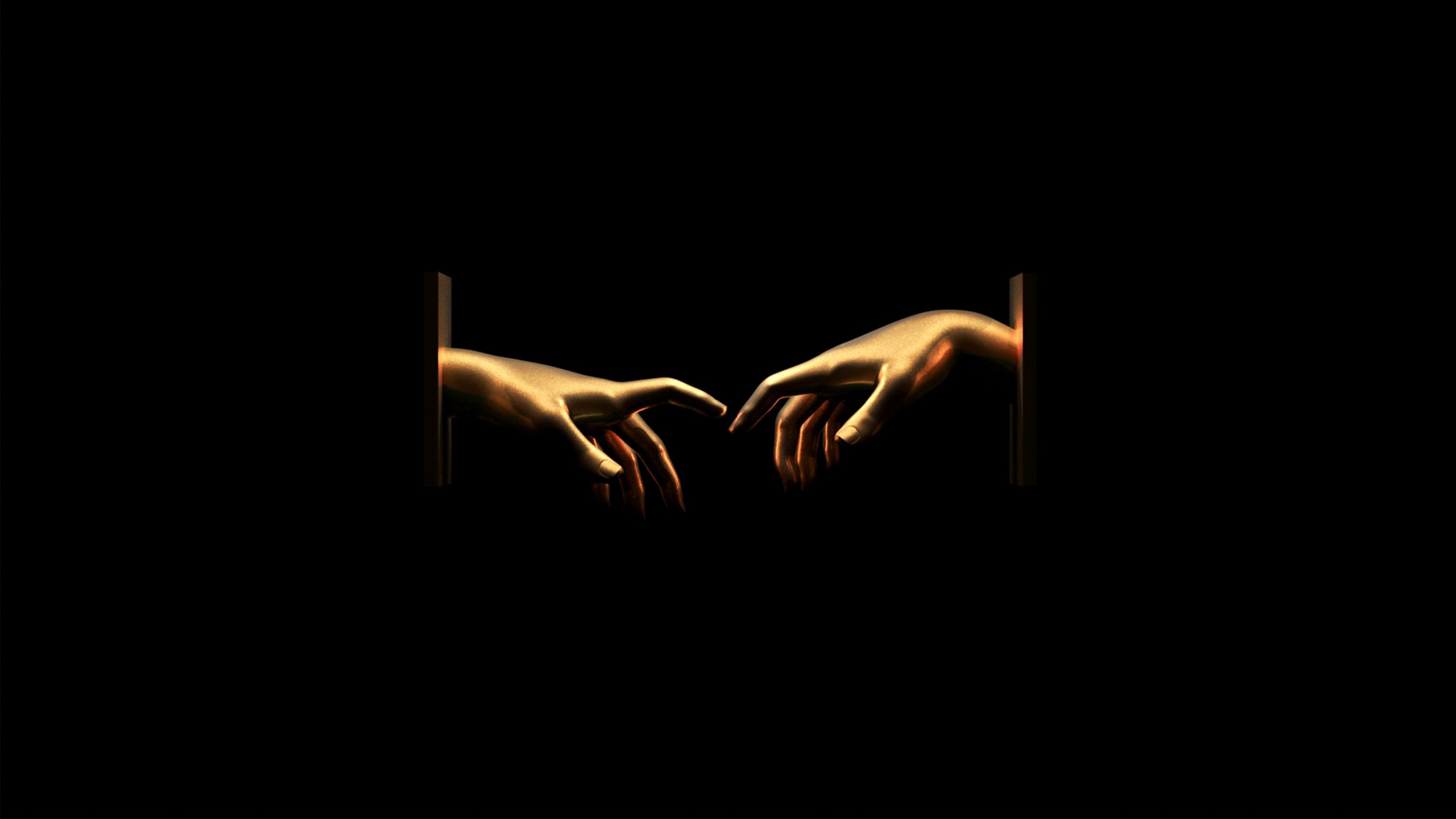 Two golden hands reaching out from a dark room - The Creation of Adam