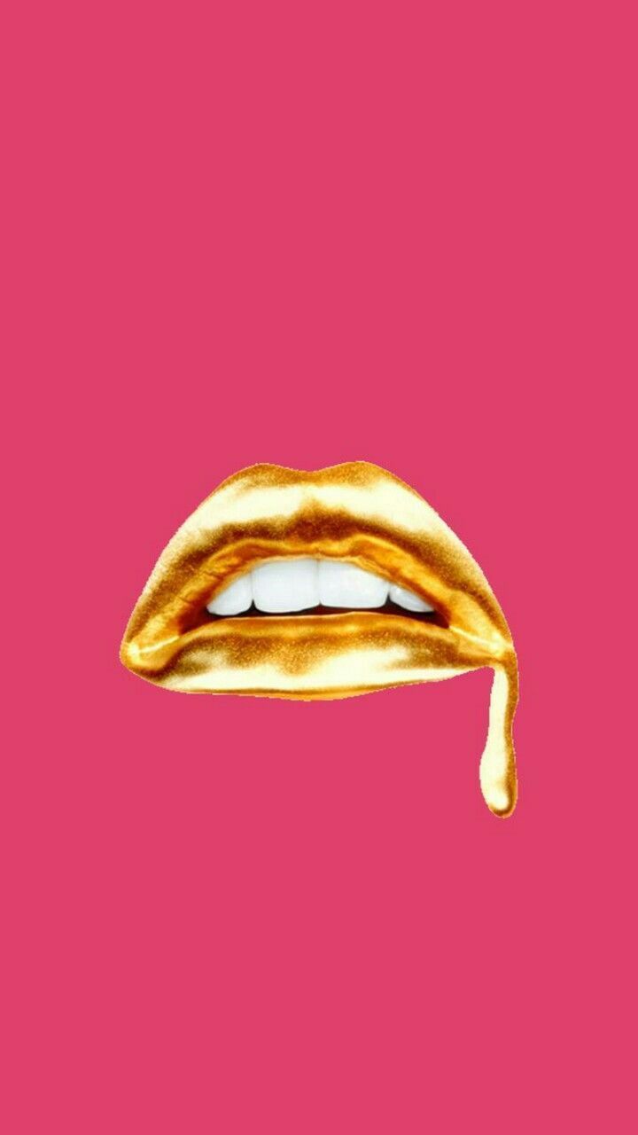 Aesthetic background with golden lips on a pink background - Lips