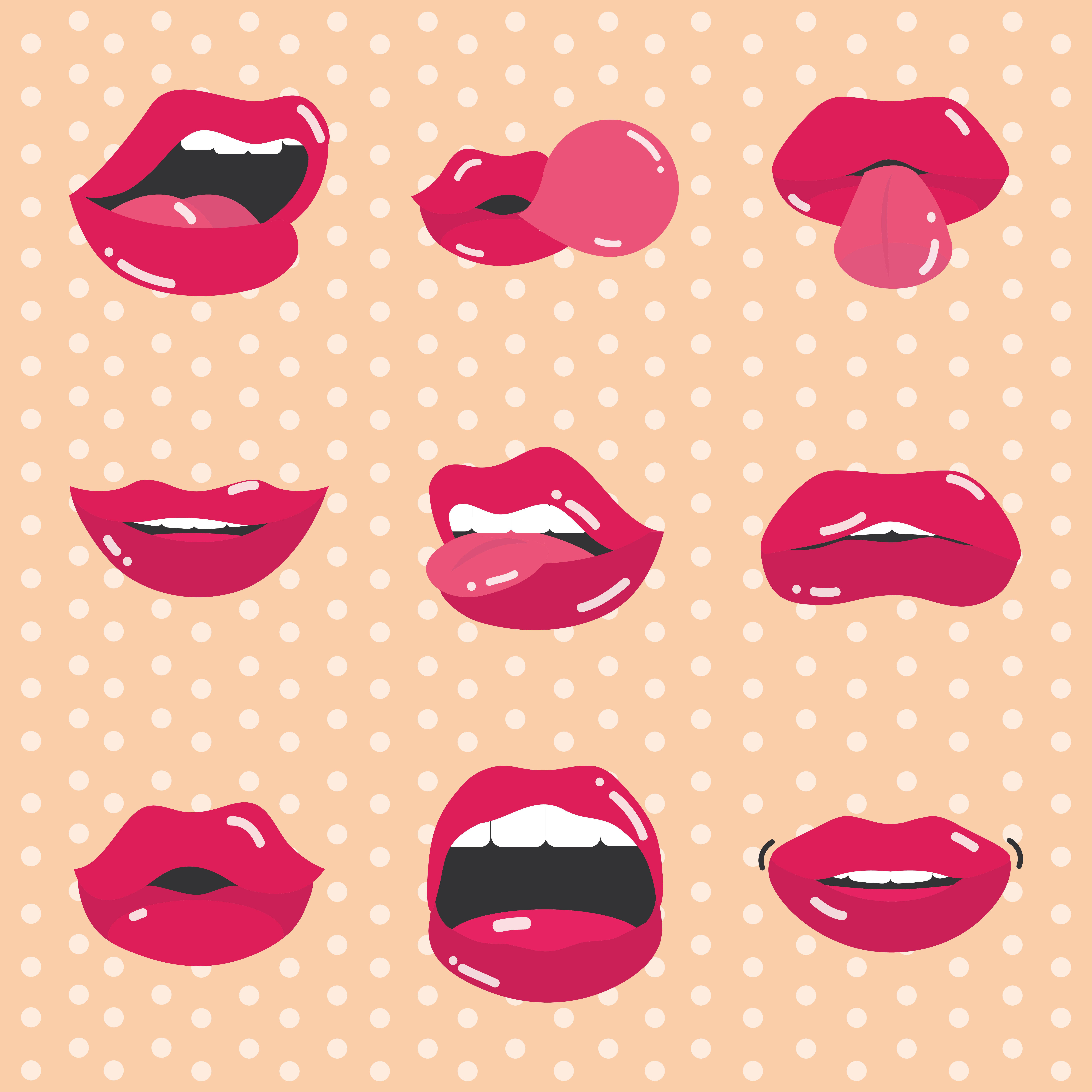 pop art mouth and lips female wet red lips with teeth set flat icon design dotted background