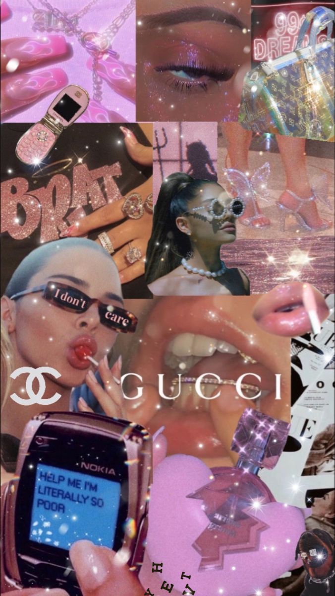 Aesthetic collage of a girl with pink lipstick, pink phone, and pink Gucci bag. - Lips