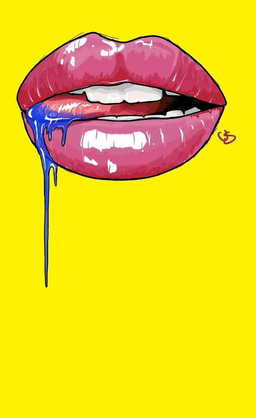 Illustration of a pair of lips with blue saliva dripping out of the right side. - Lips