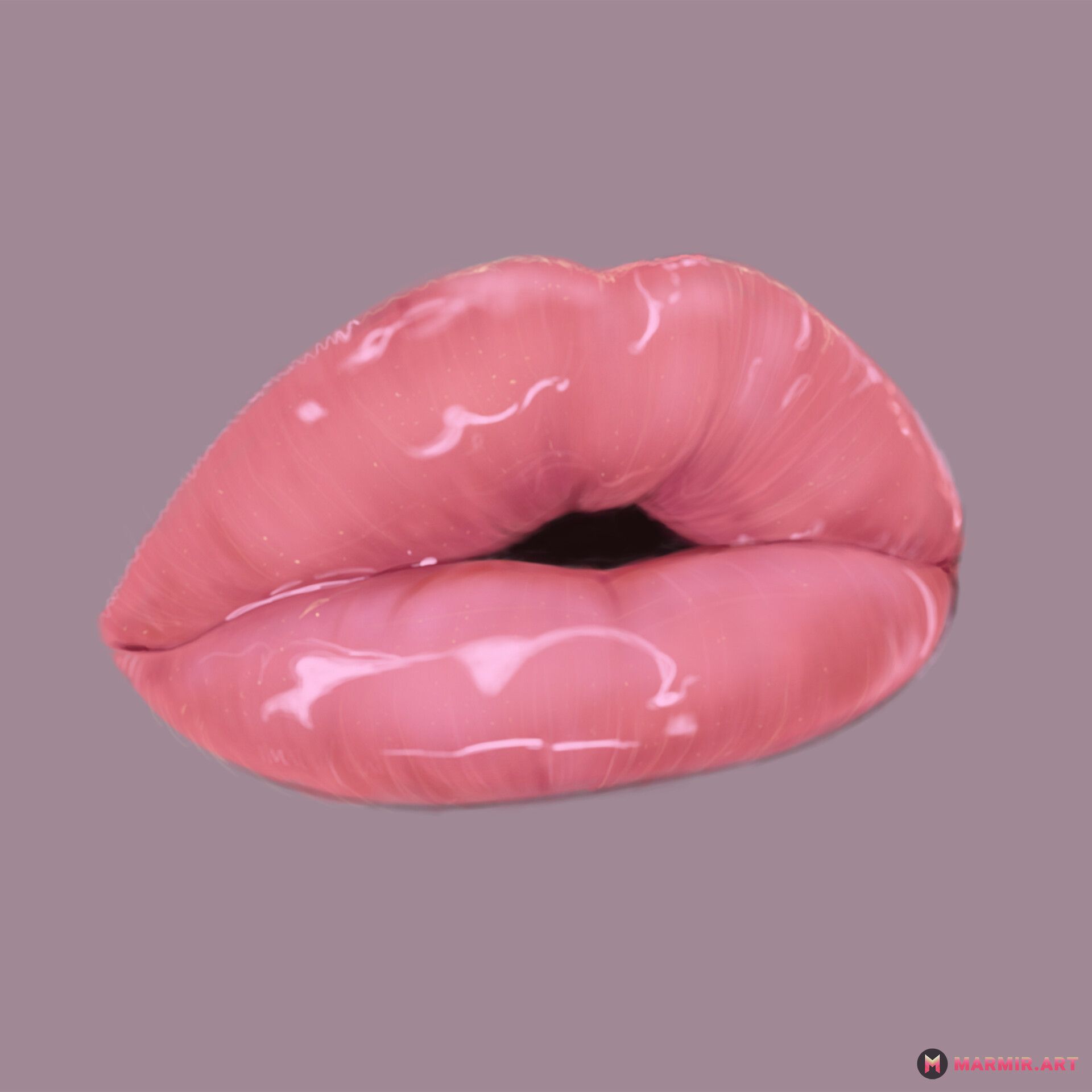 A pair of glossy pink lips on a purple background - Lips