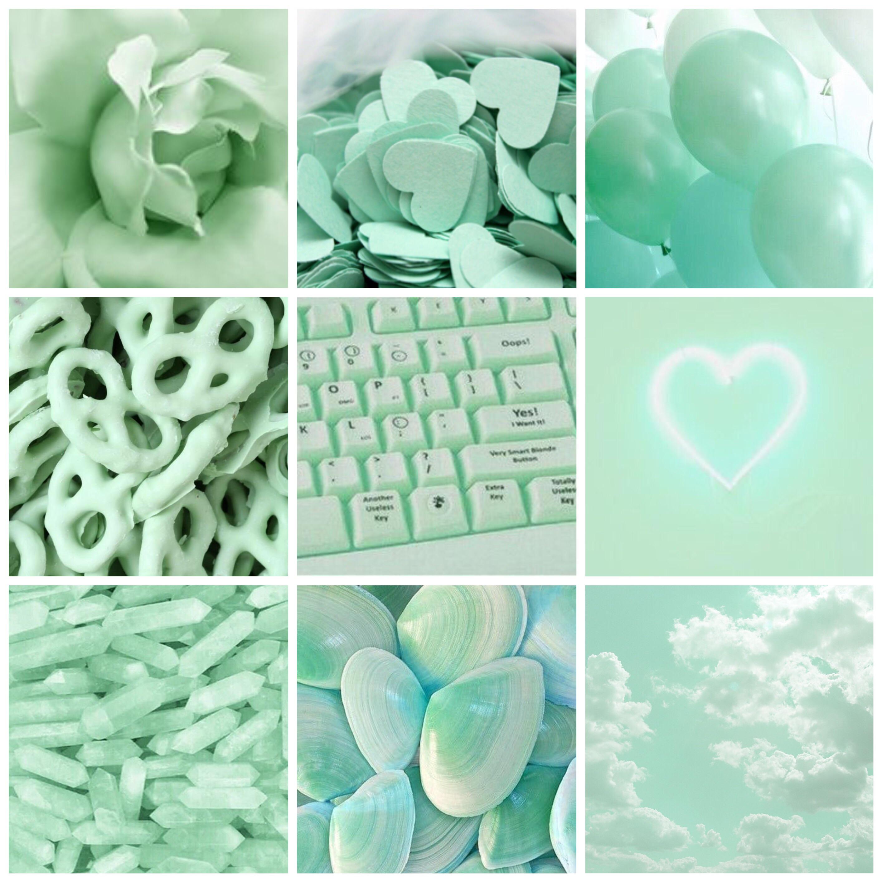 A collage of pictures with green and white items - Green, mint green, pastel green, aqua