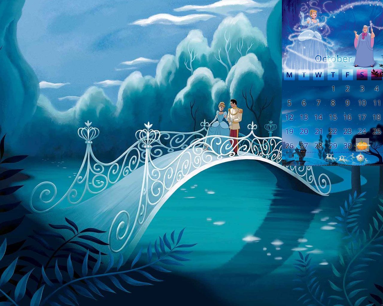A beautiful scene from the movie Cinderella, with the main characters standing on a bridge. - 1280x1024