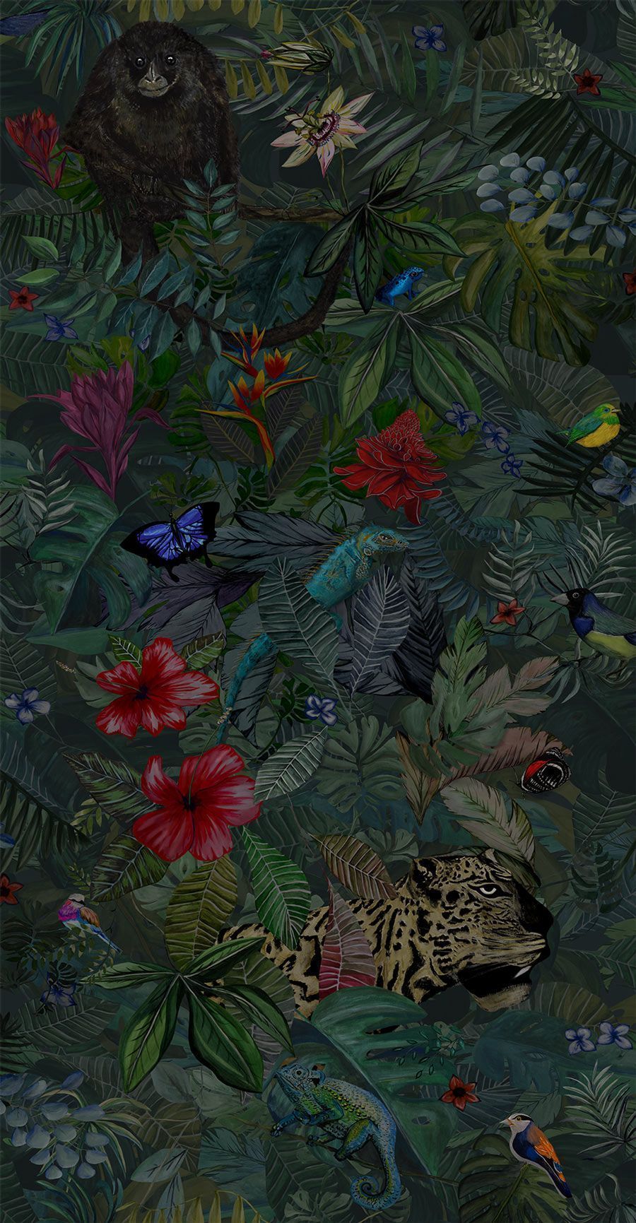 A painting of a lush tropical rainforest with a variety of animals and plants. - Jungle