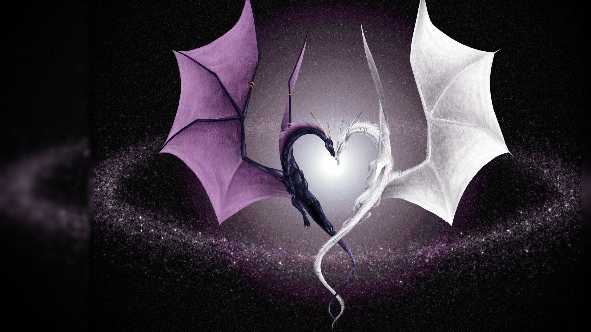 Two purple and white dragons in a heart shape - Dragon