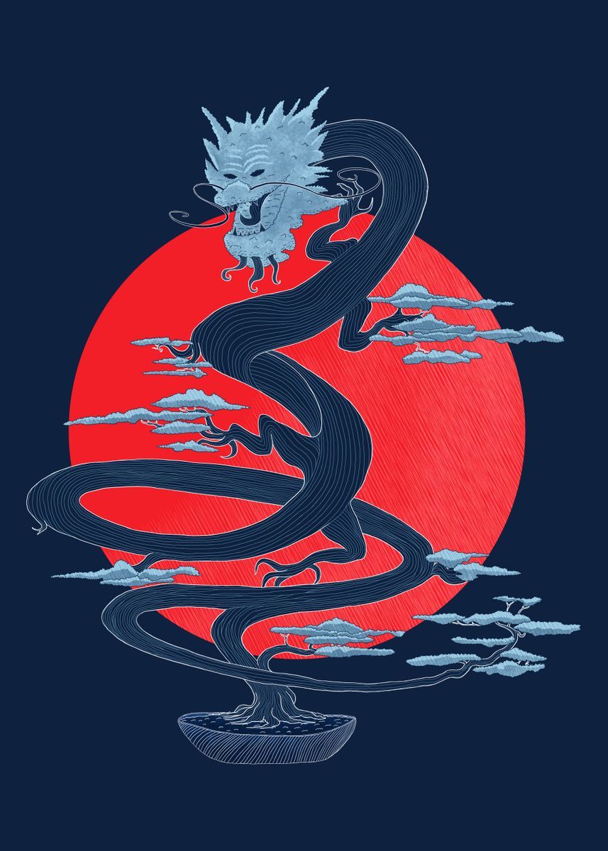A blue dragon with red and orange clouds in the background - Dragon