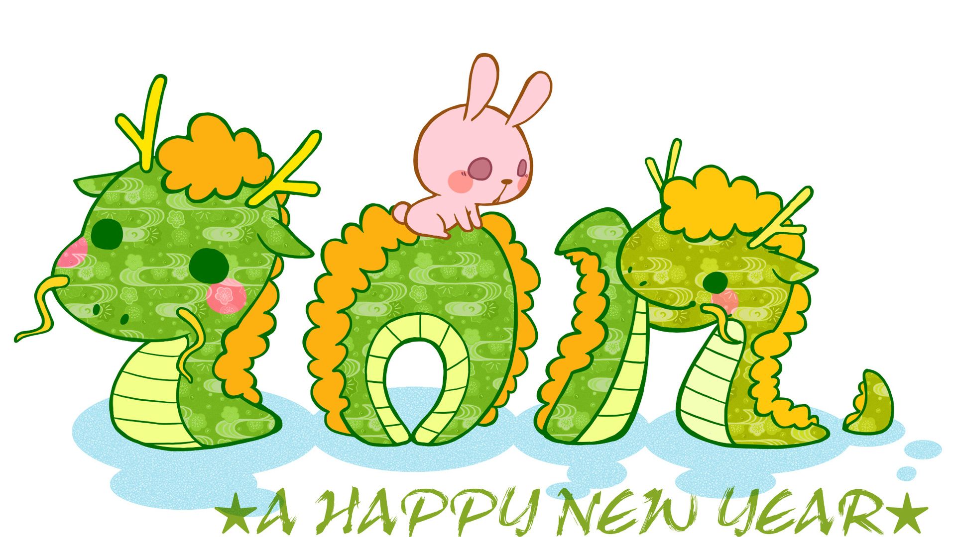 Three cute dragons and a bunny sitting on the numbers 2011. - Dragon