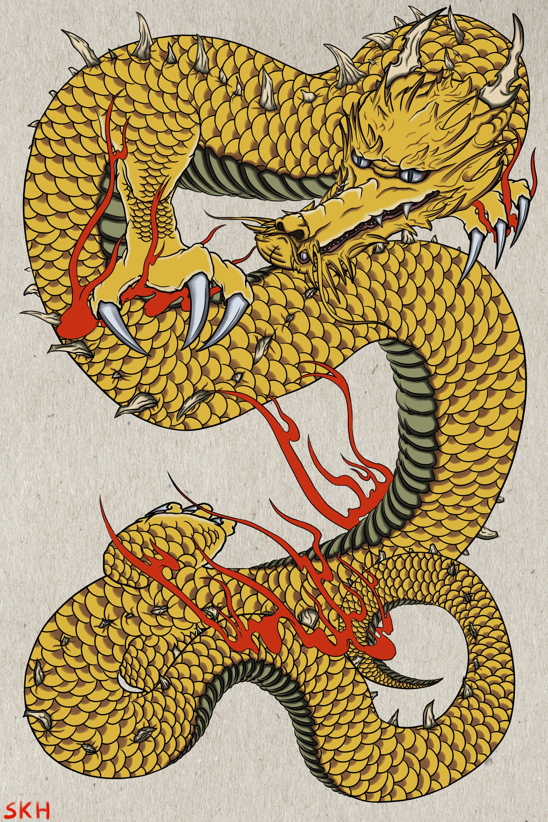 A yellow dragon with red flames and sharp teeth - Dragon