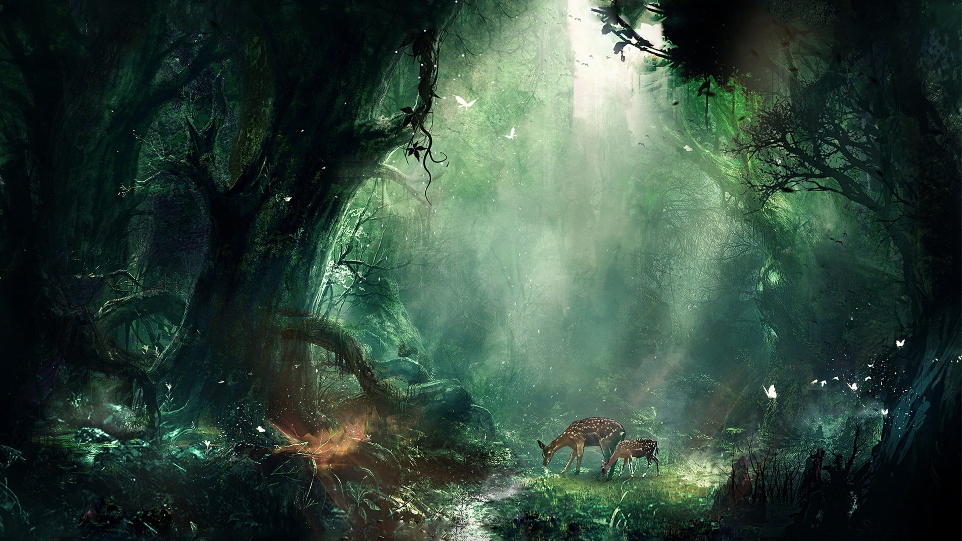 Fantasy art wallpaper of a forest with deer - Jungle