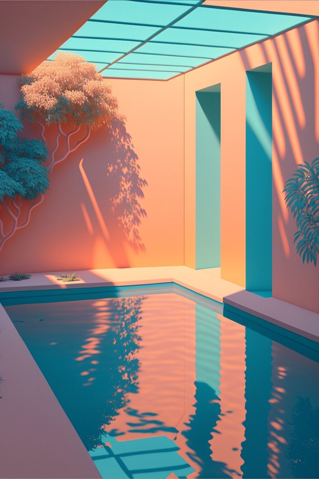 A 3D rendered image of a pool with a blue door and a tree on the left - Swimming pool