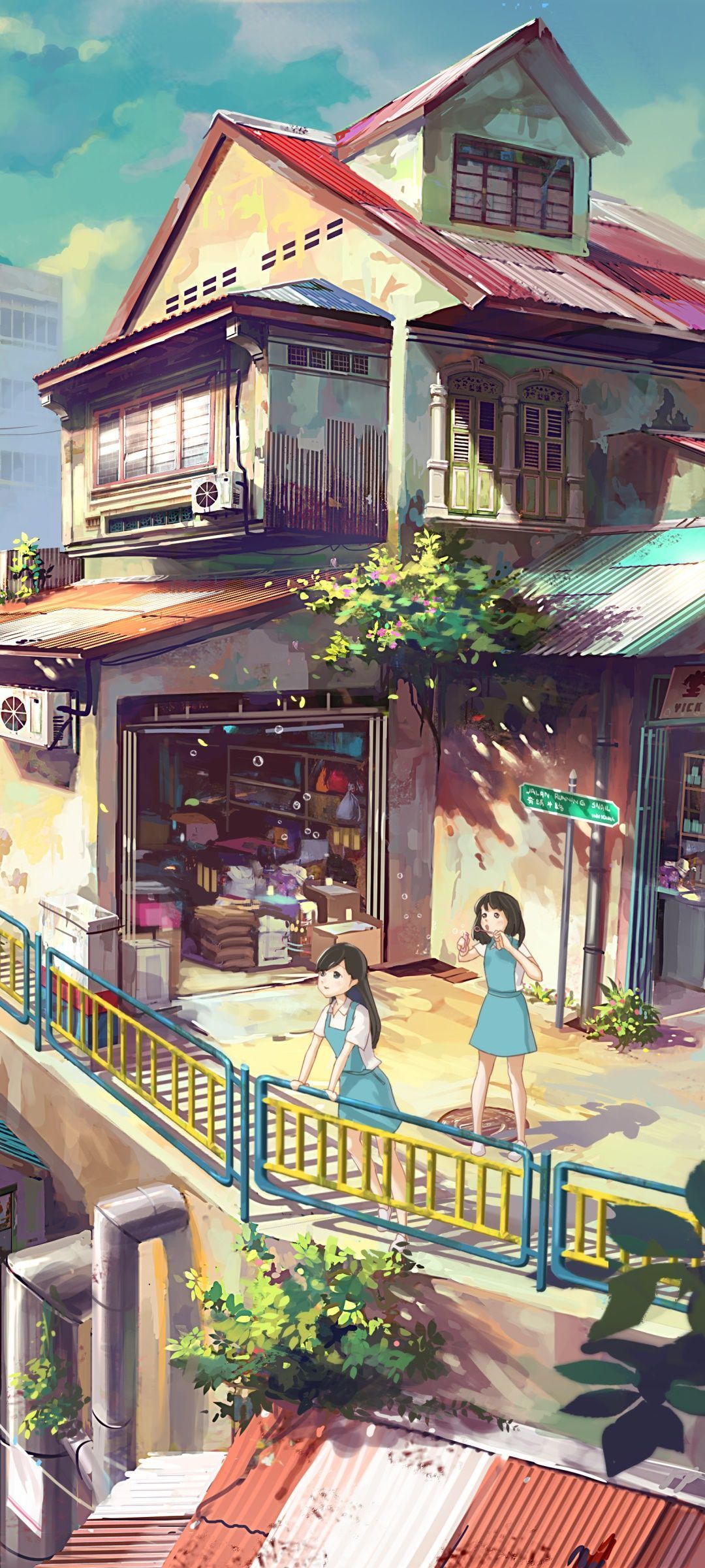 Anime girls walking in the street, art, anime, house, 1080x1920 wallpaper - 1080x2400