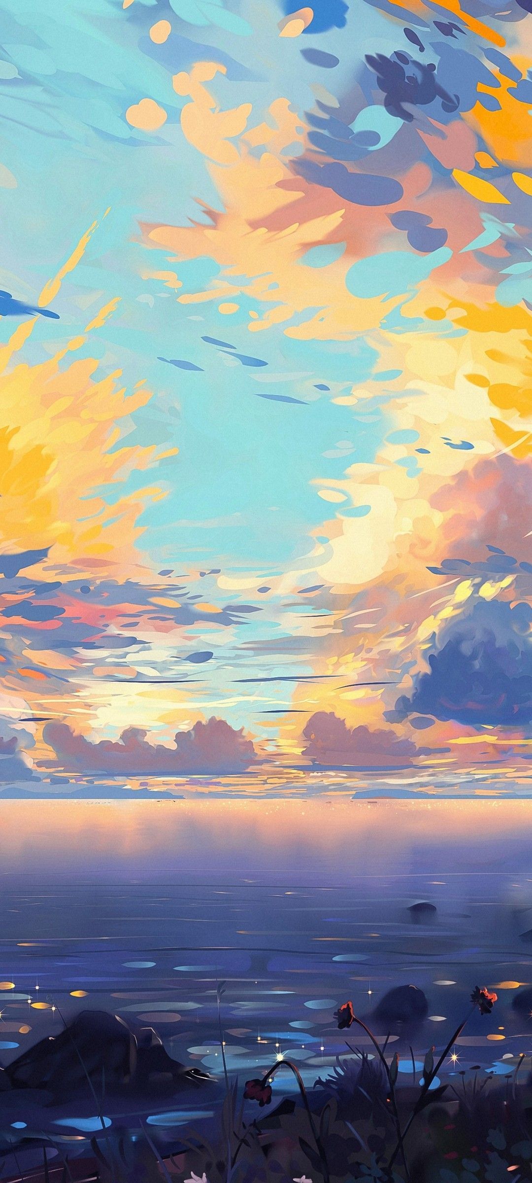 A painting of the sunset over water - 1080x2400