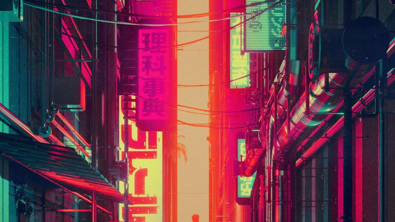 A cyberpunk city street at night with neon lights - 1366x768