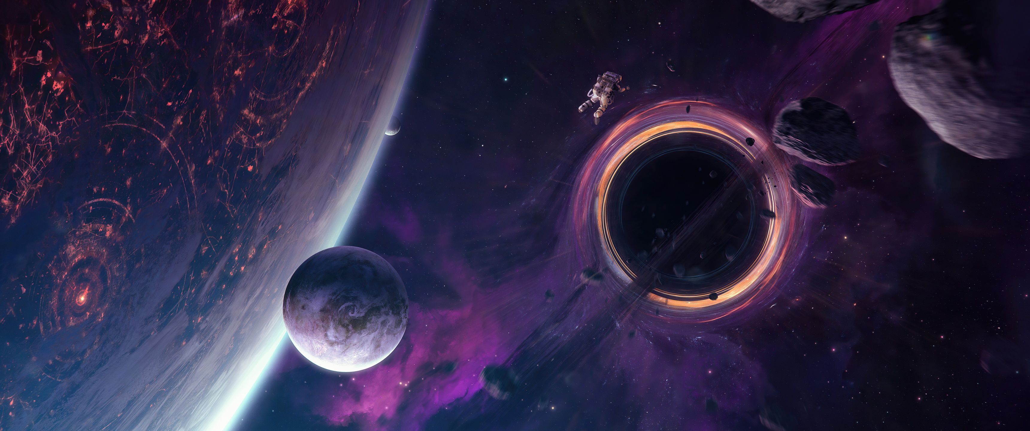 A space scene with black hole and planets - 3440x1440