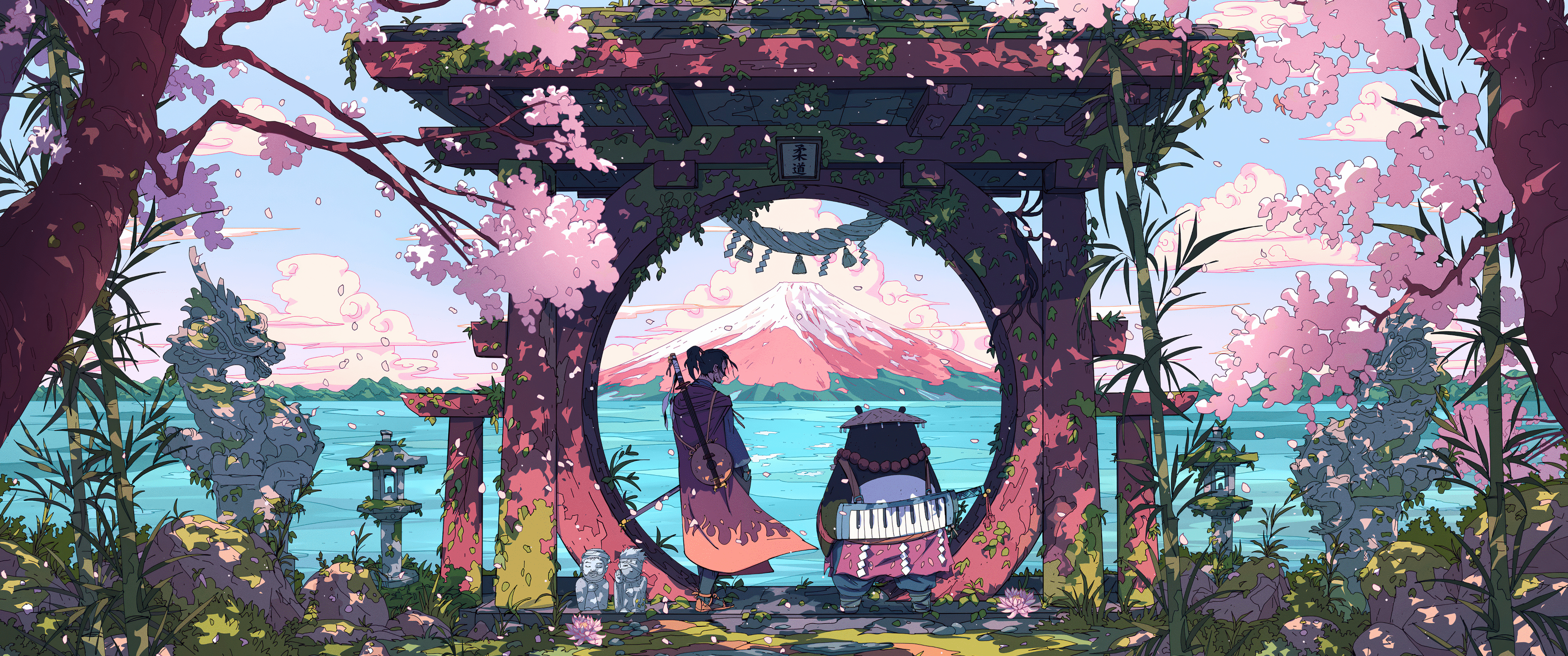 A painting of two people in front an archway with cherry blossoms - 3440x1440