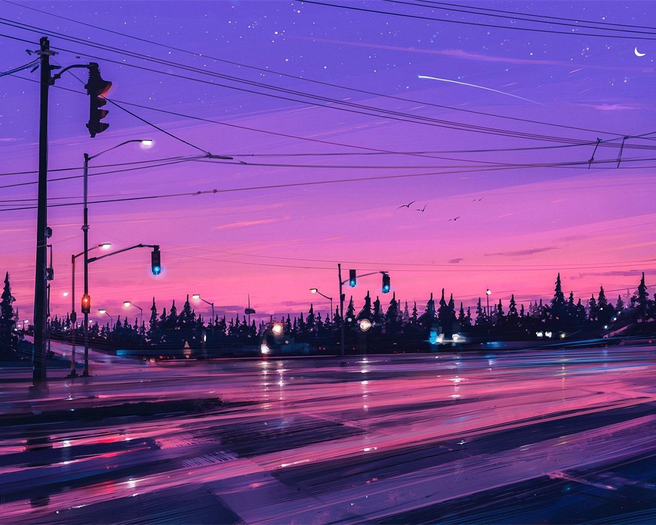 Wallpaper Night, city, traffic, lights, road, purple sky, art drawing 1920x1080 Full HD 2K Picture, Image