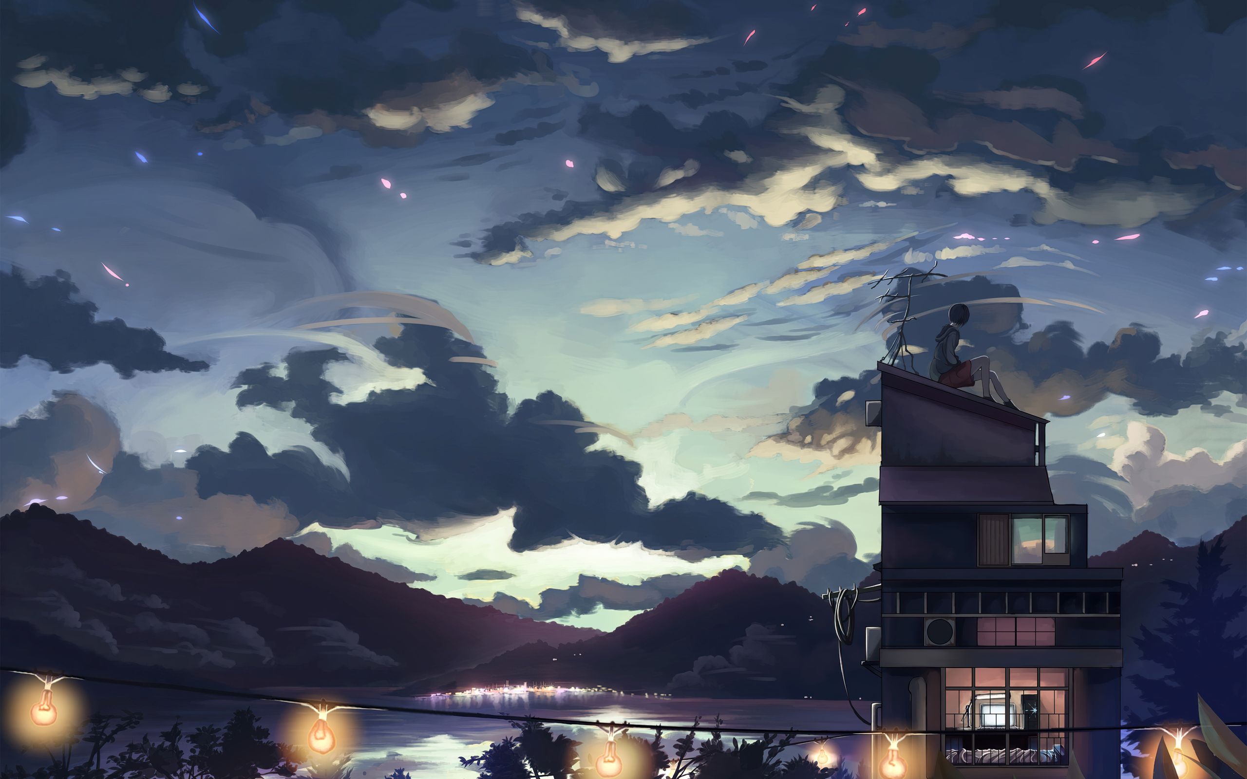 Anime, artwork, clouds, night, girl, the night sky, the city, lights, the lake - 2560x1600