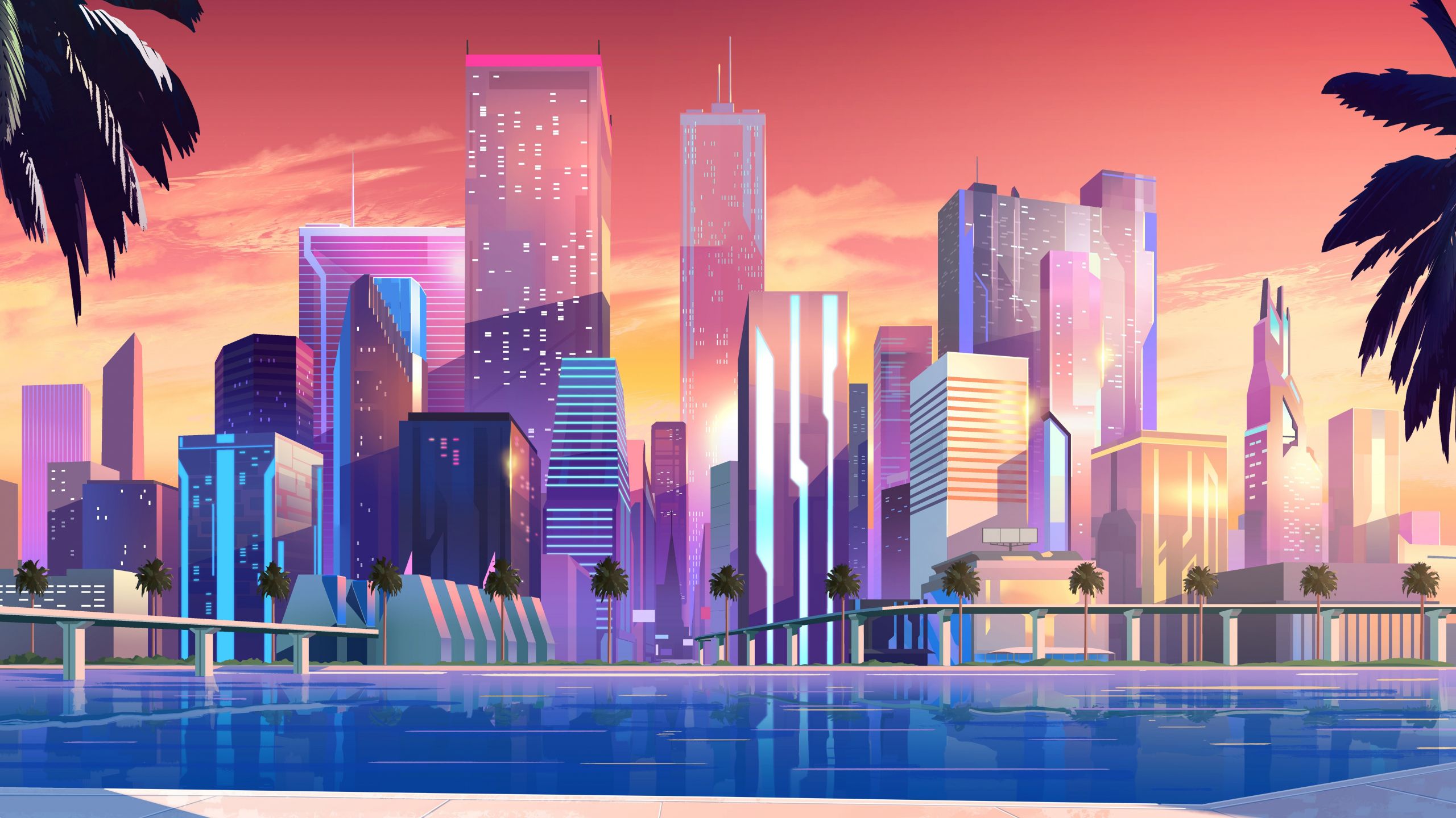 A digital cityscape with a swimming pool in the foreground - Cityscape, 2560x1440