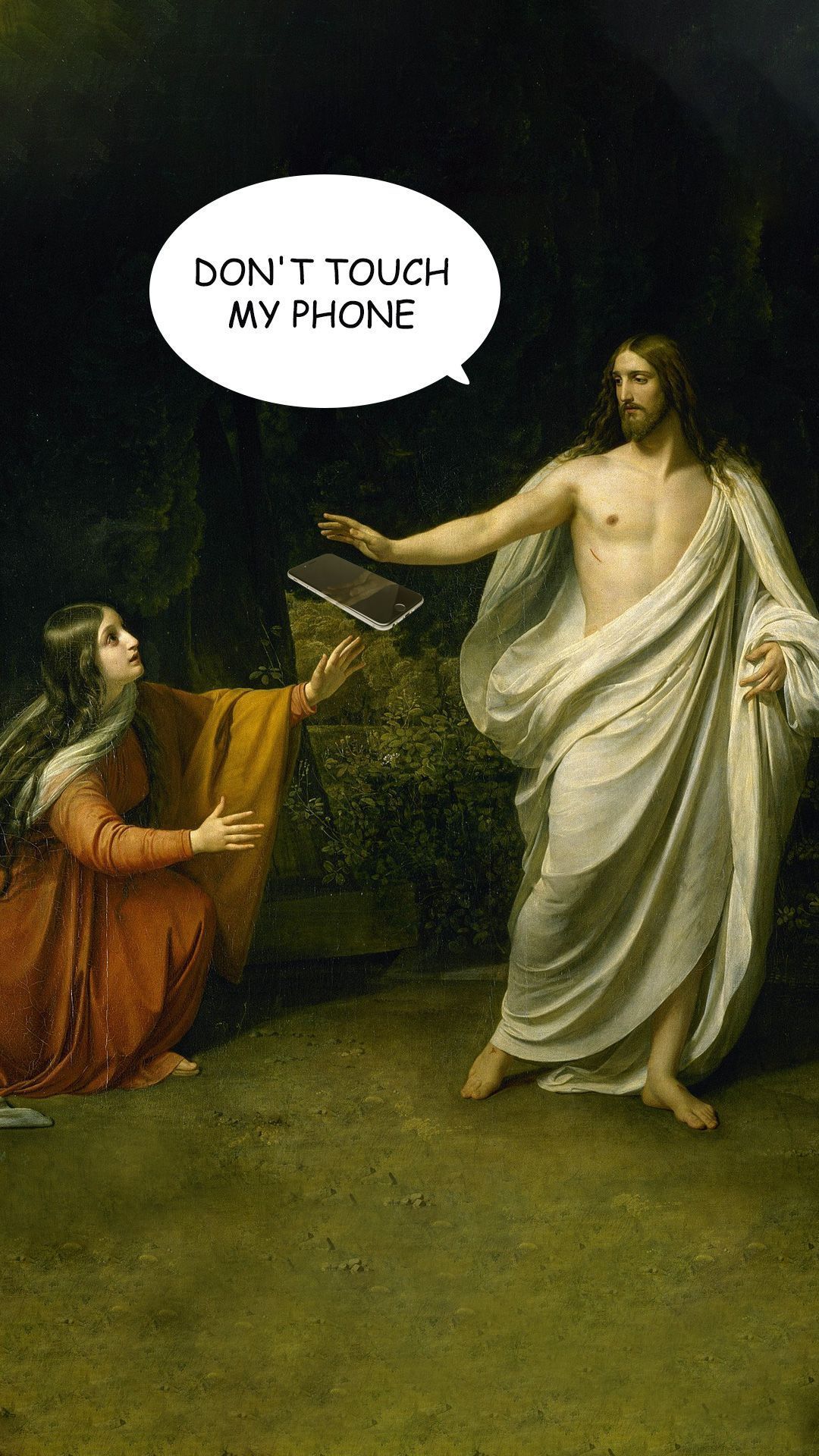 A painting of jesus giving something to someone - Don't touch my phone