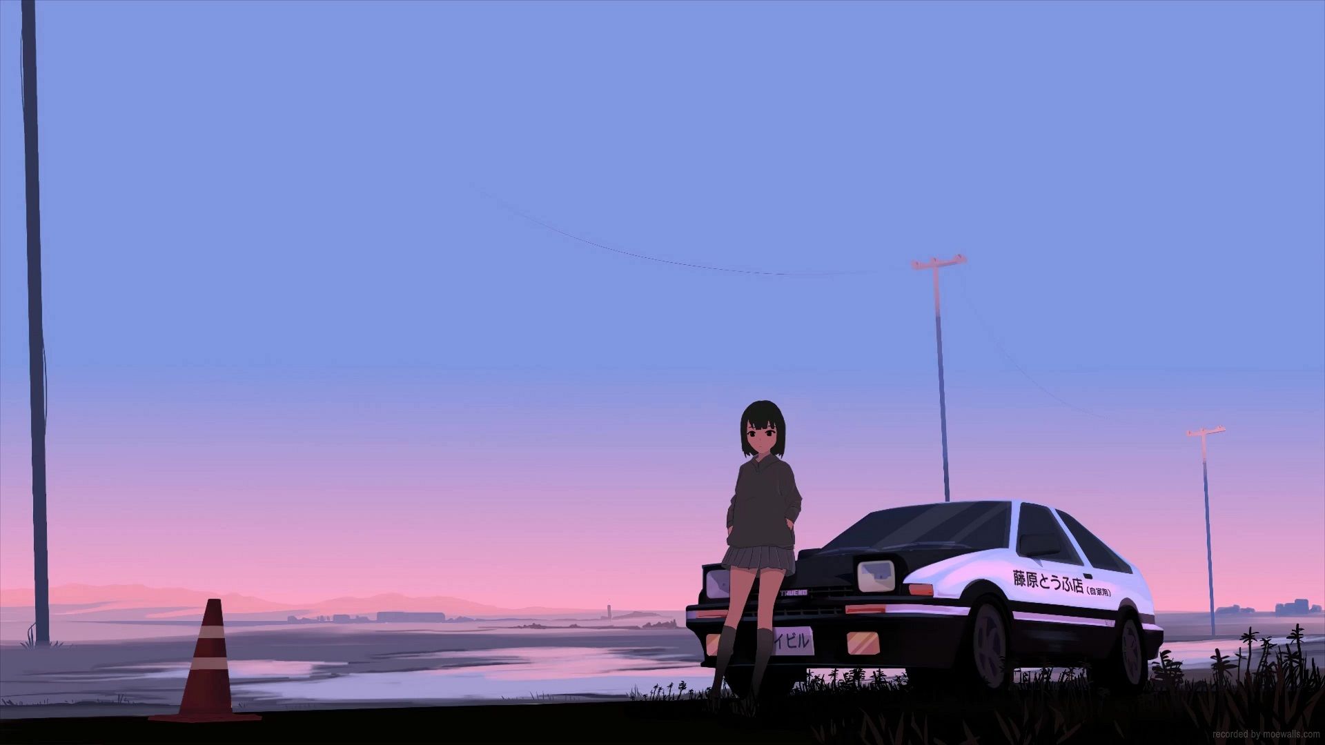Anime girl leaning on a car at sunset - Toyota AE86