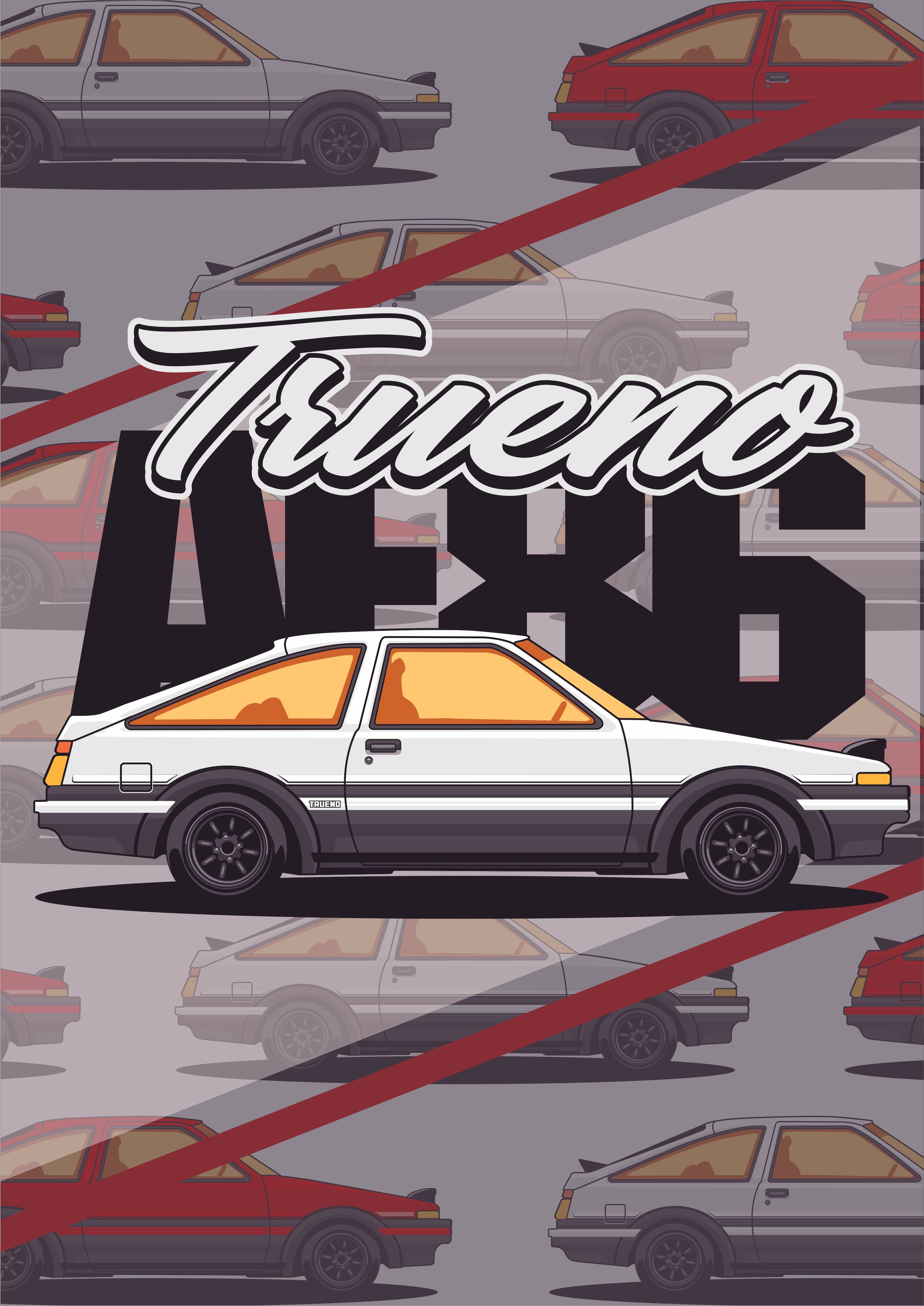 A poster of a white AE86 with the word 