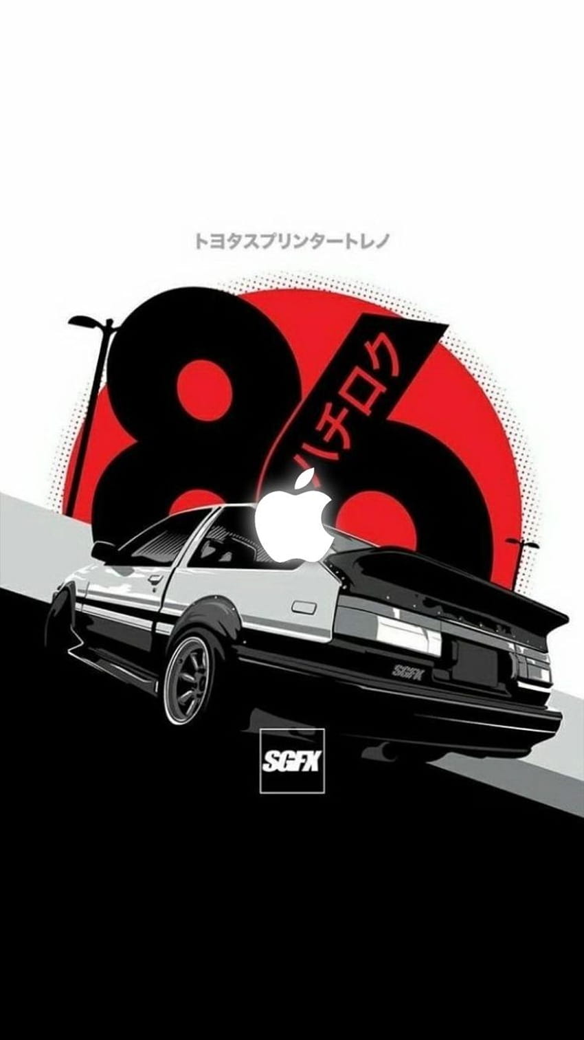 A black and white car on a black background with a red and white Apple logo - Toyota AE86