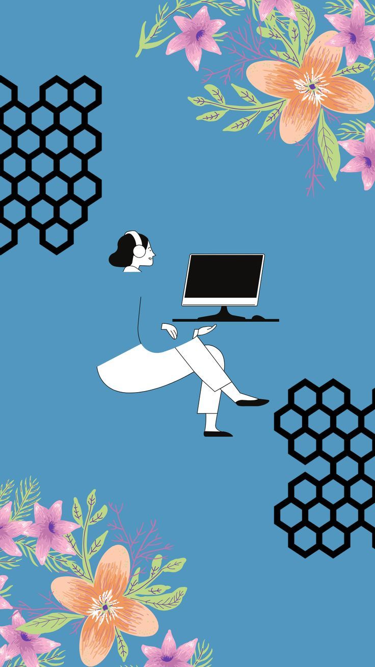 A woman sitting on a computer surrounded by flowers and honeycomb - Balance