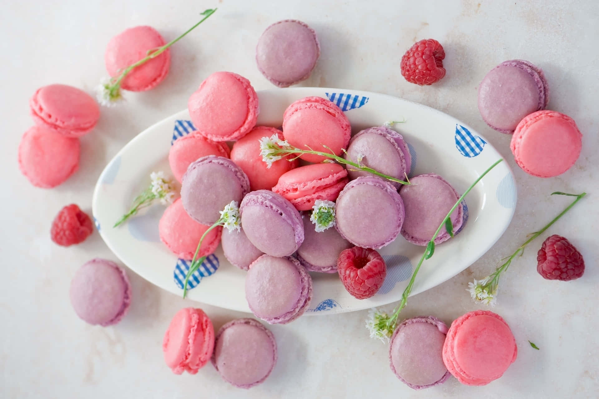 A plate of pink and purple macaroons with raspberries - Macarons, food
