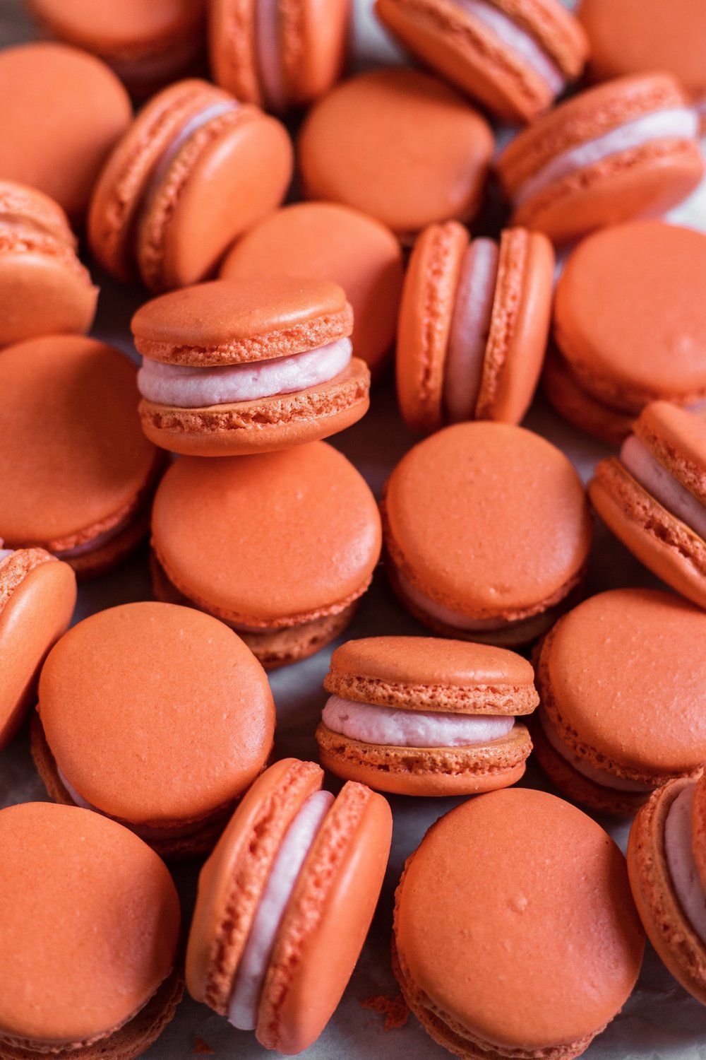 A close up of some macaroons on top - Orange, macarons
