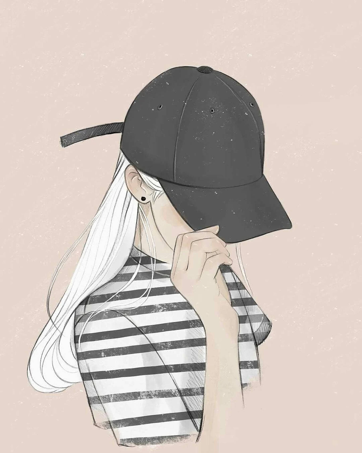 An illustration of a girl in a black and white striped shirt and black baseball cap. - Vector, fashion