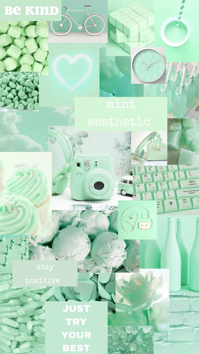 A collage of mint green aesthetic images including sweets, clocks, and bikes. - Green, mint green, pastel green