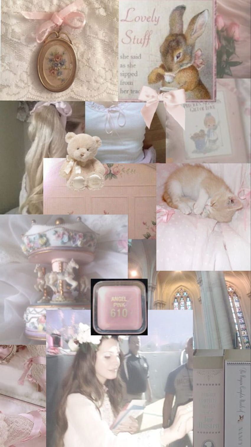 Aesthetic background of pink and white with a girl, teddy bear, bunny, and other things. - Coquette