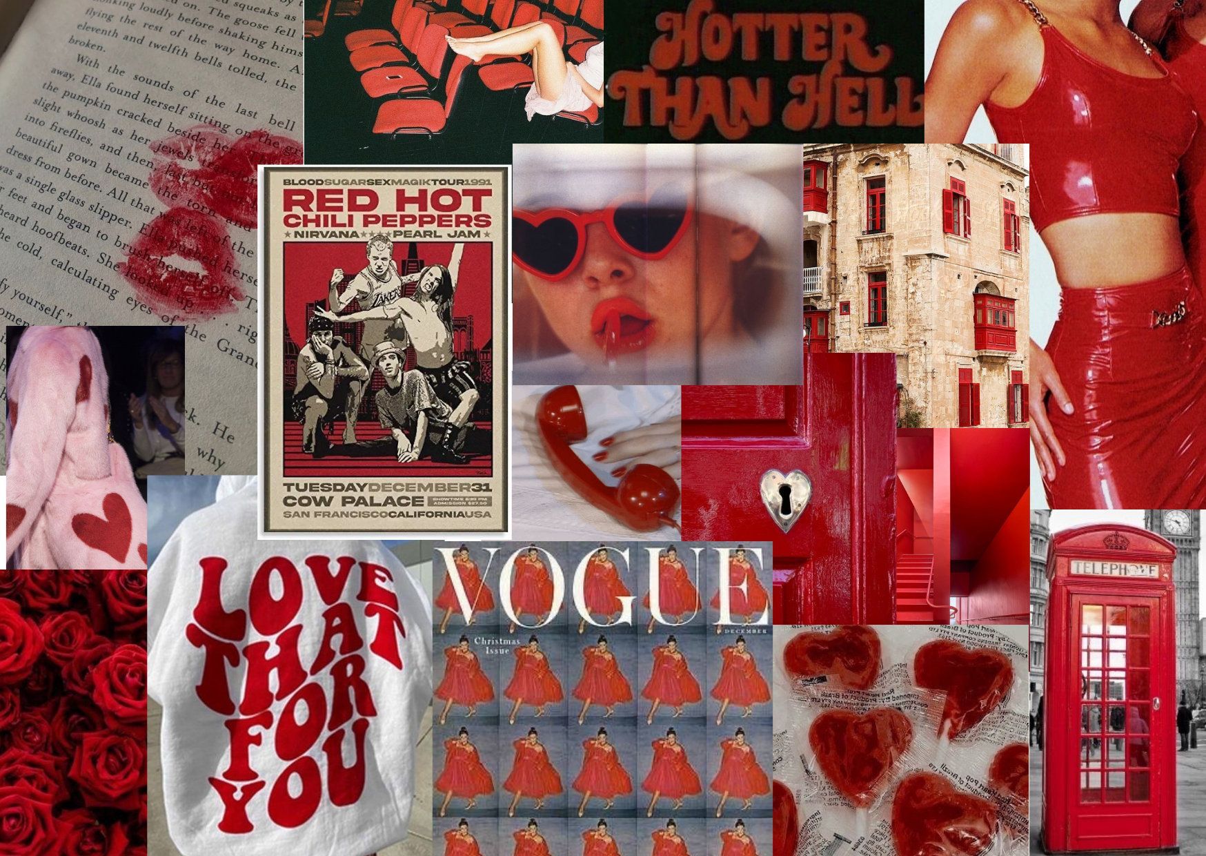 A collage of red and white images including a red hot chili peppers poster, a phone booth, and a Vogue magazine - Coquette