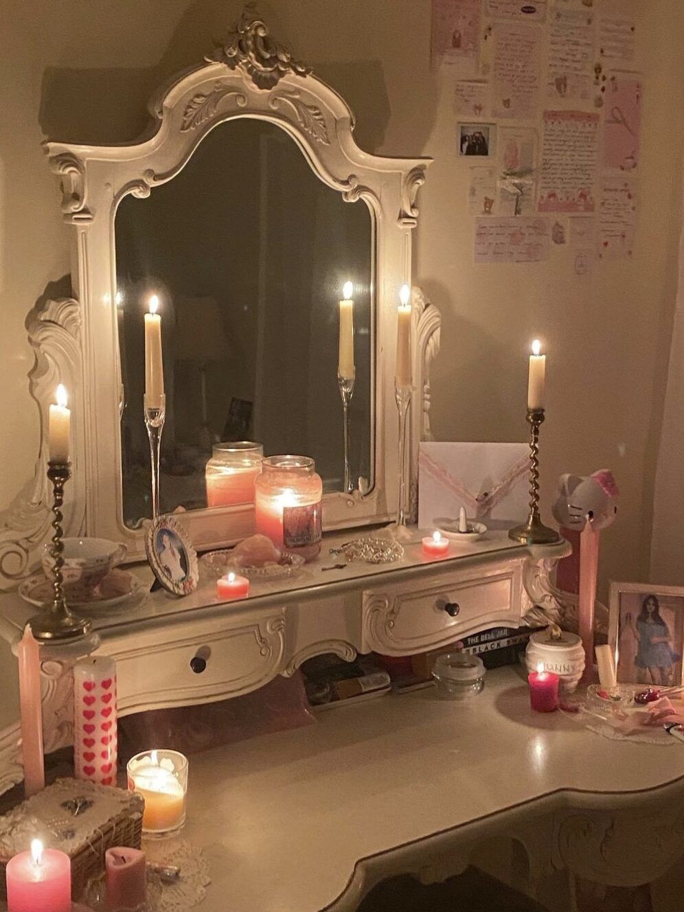 A vanity with candles and a mirror. - Coquette