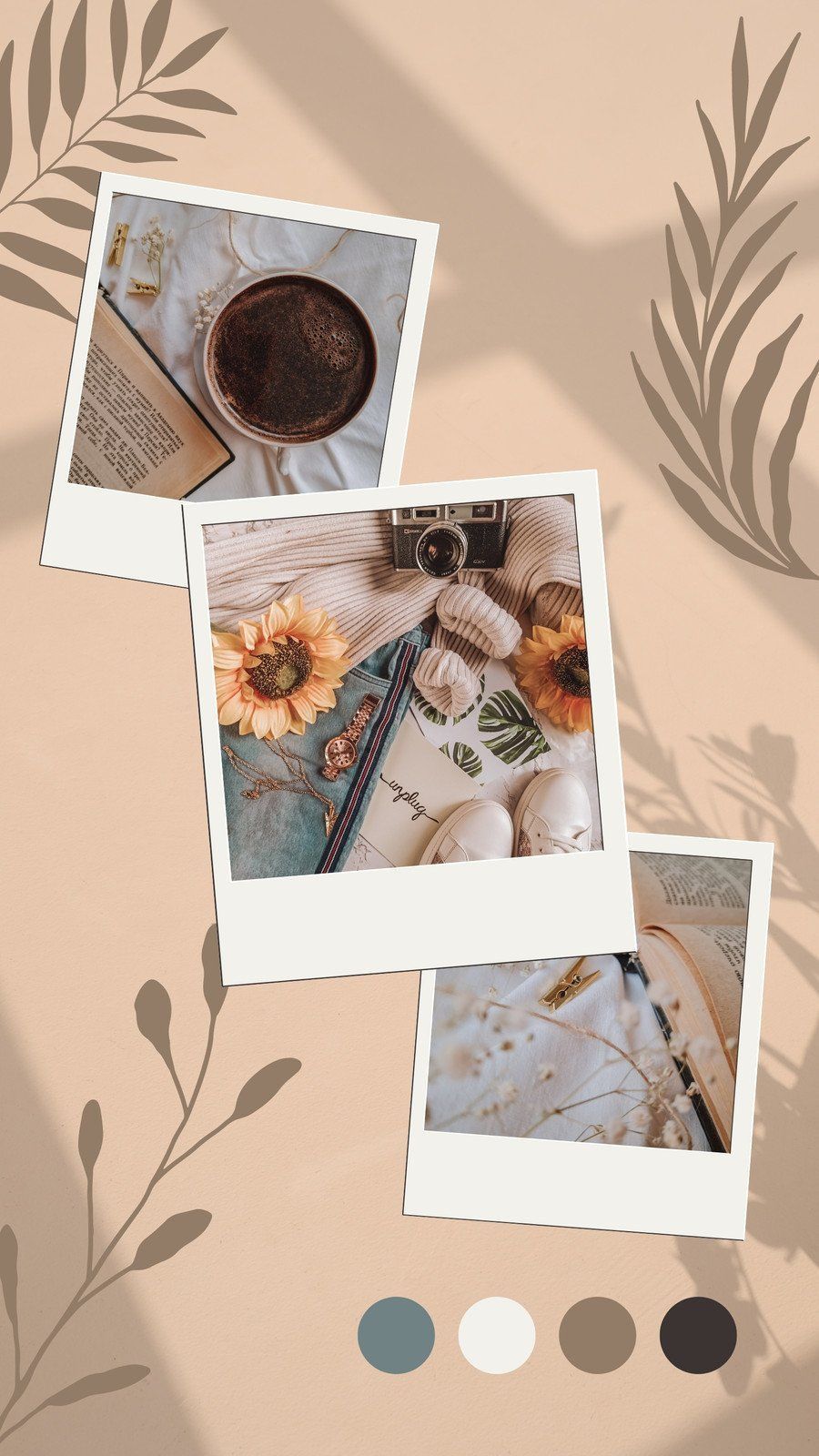 A collage of three polaroid pictures of a book, coffee, and flowers. - Phone, Android, paper, beige, photography