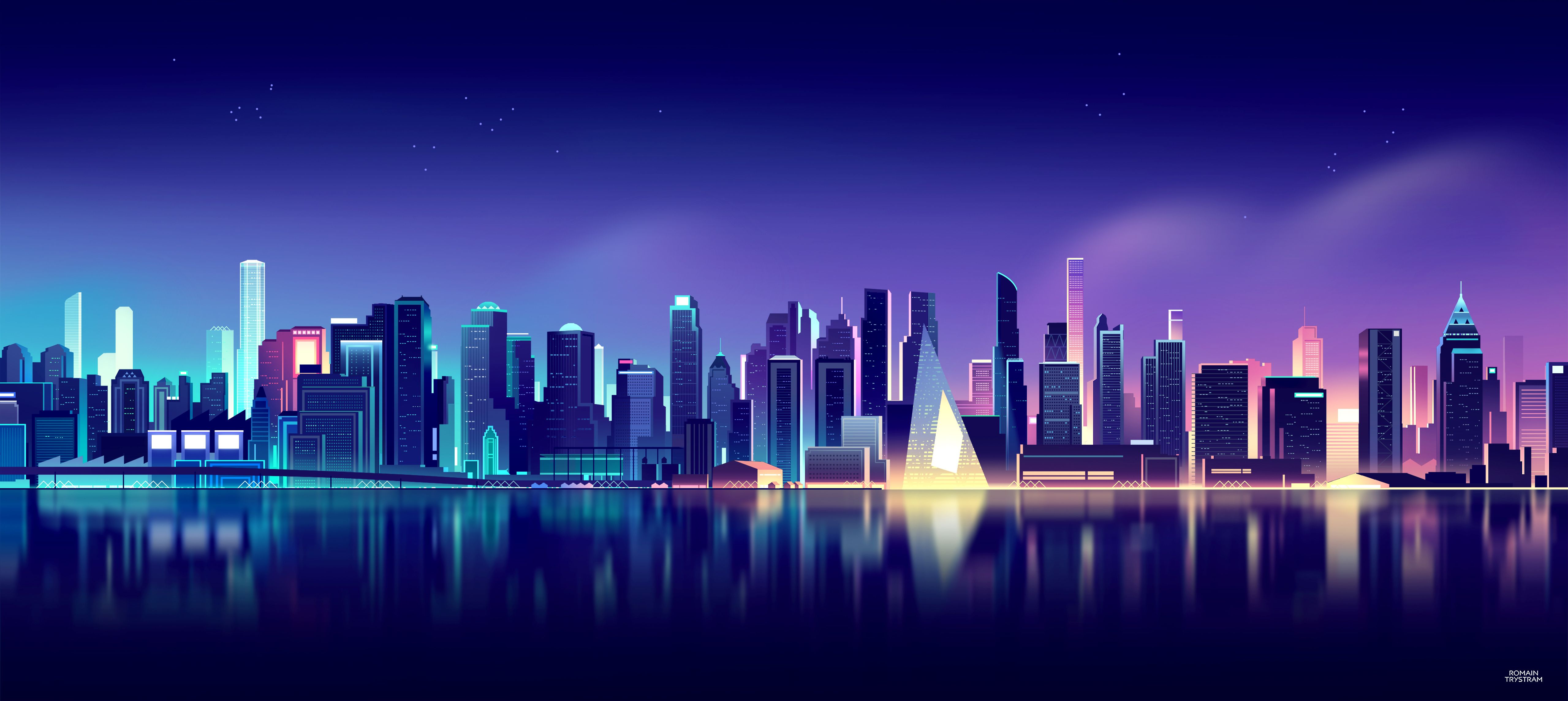 A city skyline at night with blue water - Skyline