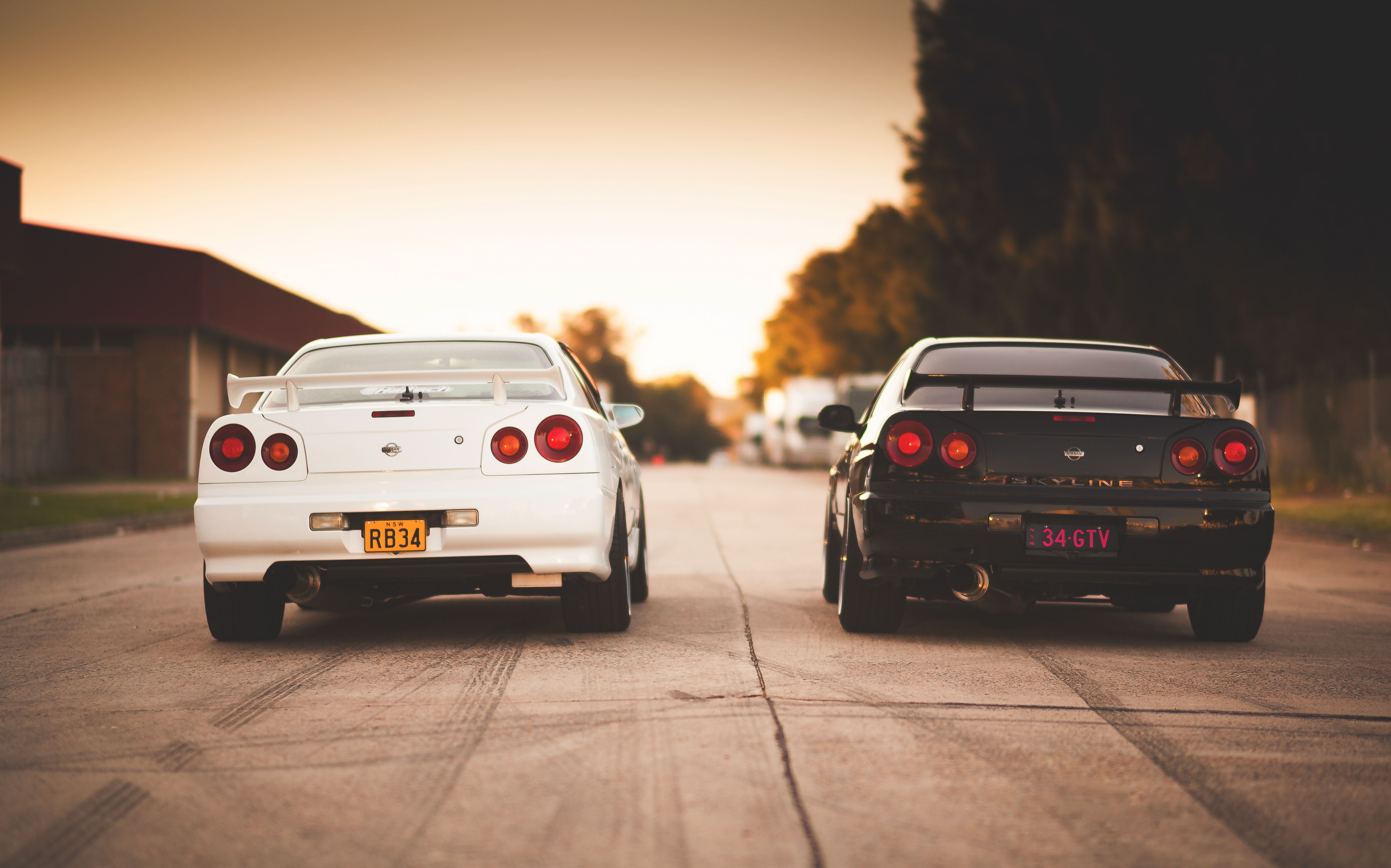 Two Nissan Skyline R34 GTVs, one white and one black, facing each other on the road - Nissan Skyline