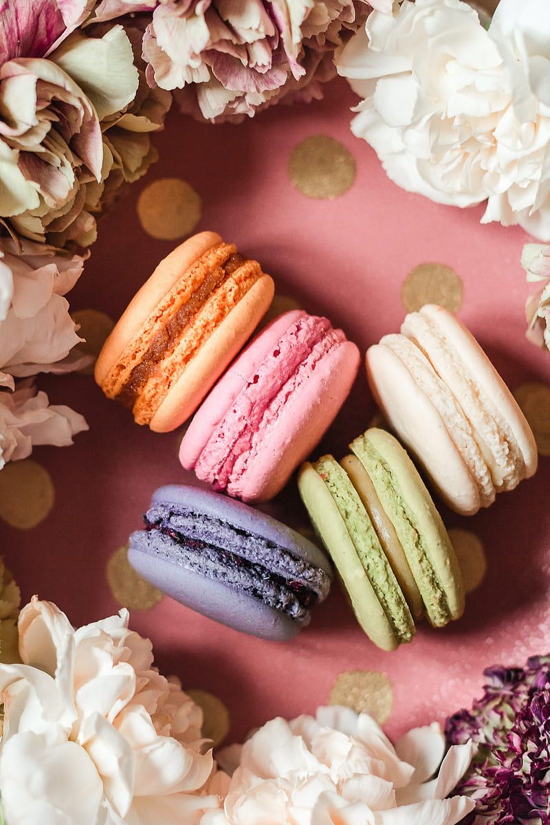 A pink plate with gold polka dots holds 8 colorful macarons. - Macarons