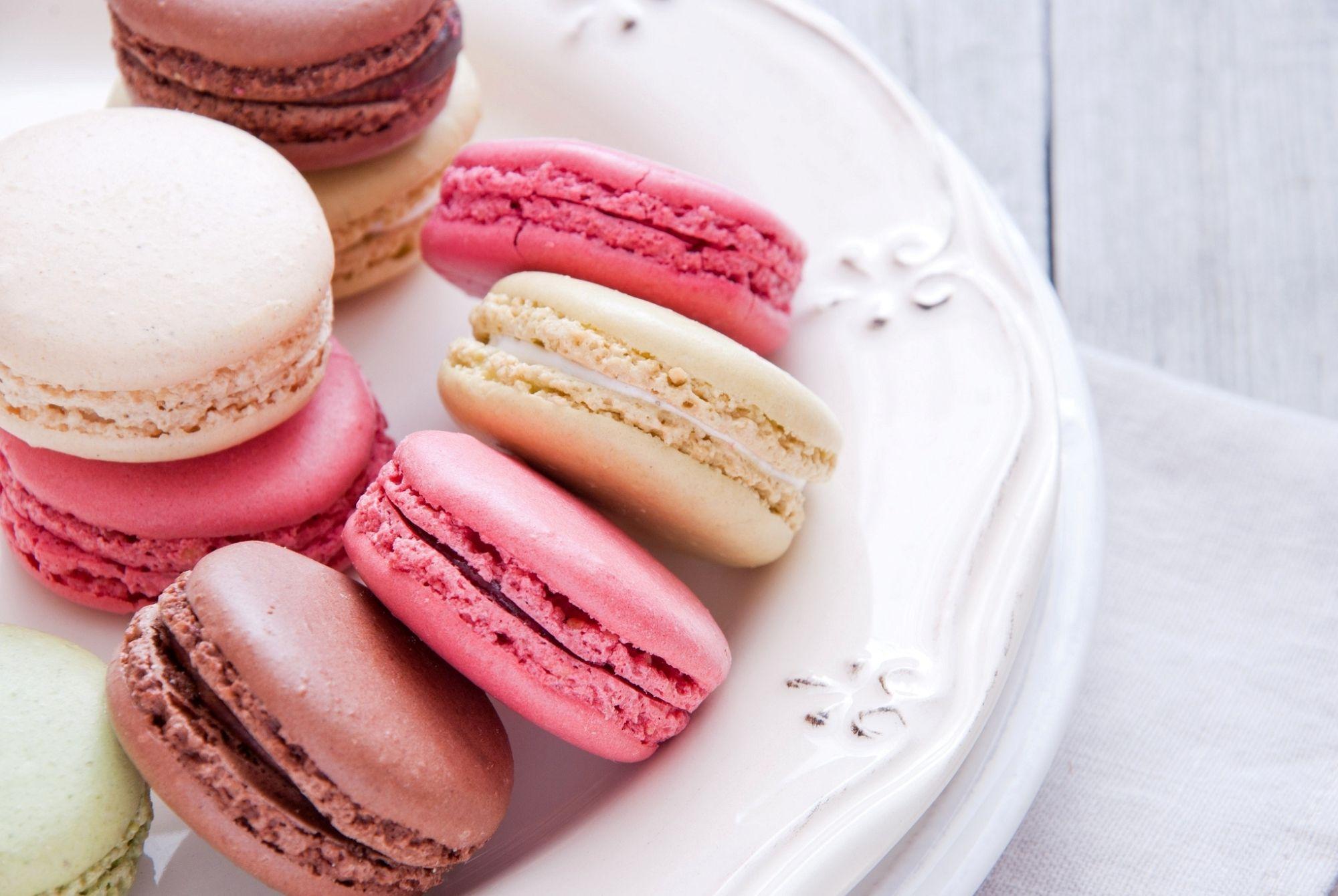 A plate of colorful macarons on a white plate. - Macarons