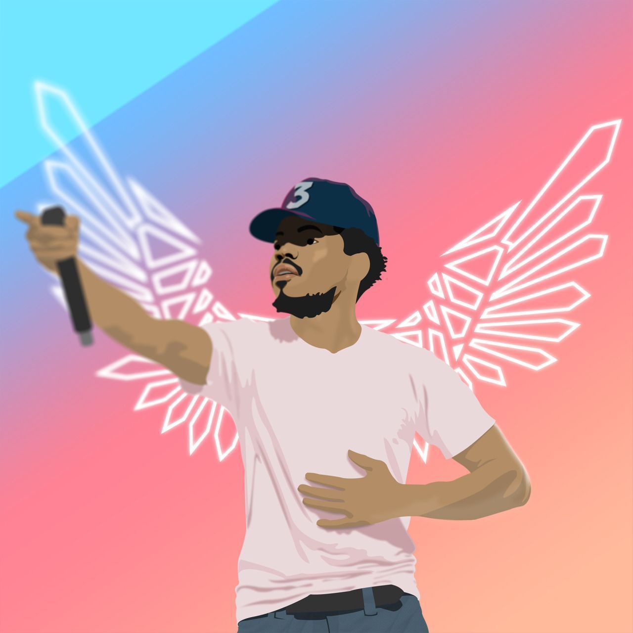 A digital illustration of Chance the Rapper with white wings behind him and a microphone in his hand. - Chance the Rapper