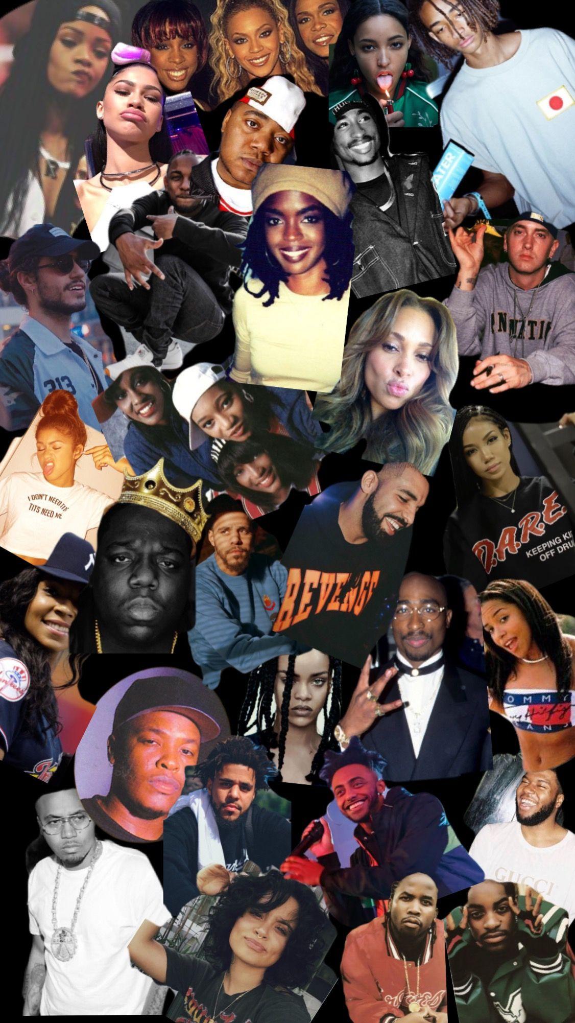 A collage of many different people in various poses - Chance the Rapper, Tupac, collage