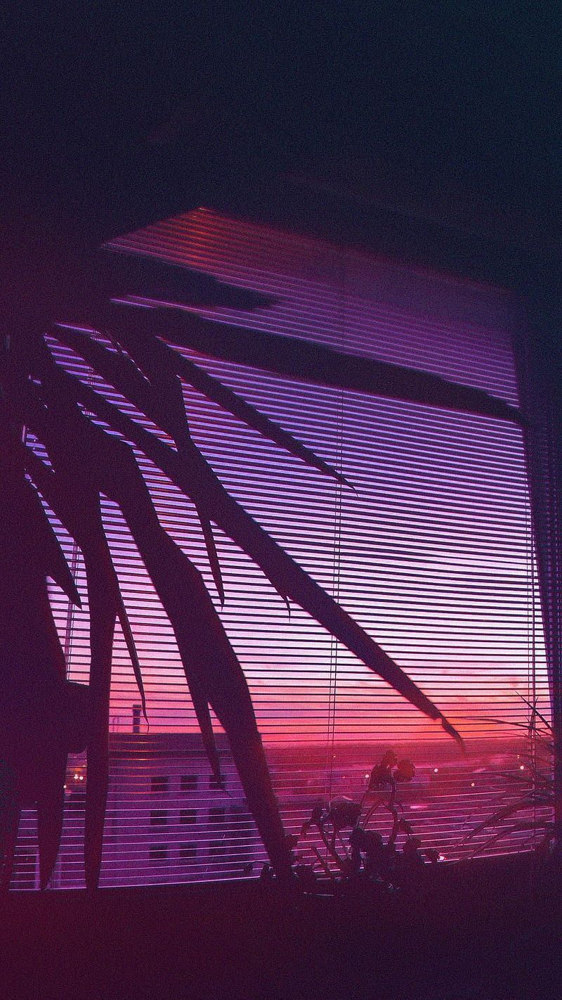 A window with blinds and plants in it - Dark vaporwave