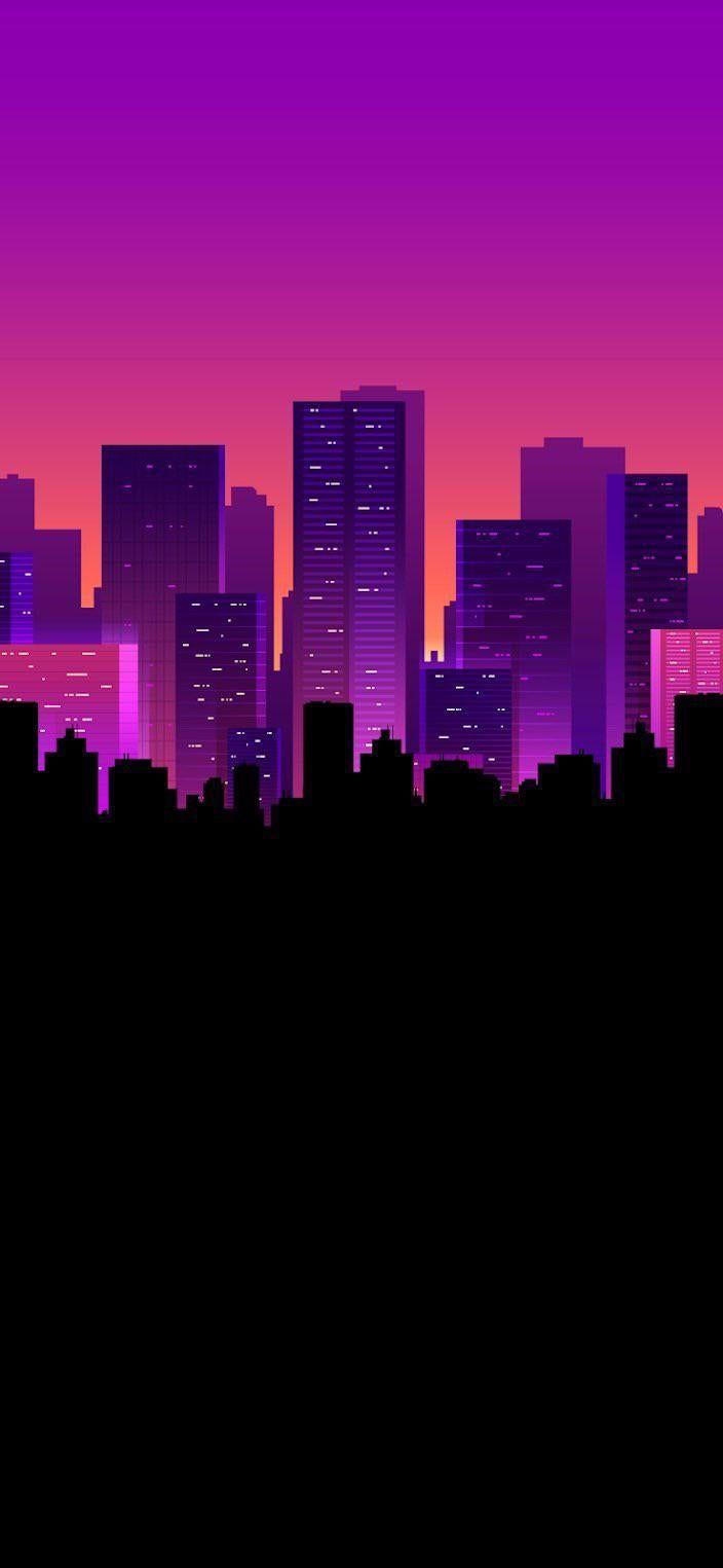 Cityscape with buildings and purple sky - Dark vaporwave, cityscape