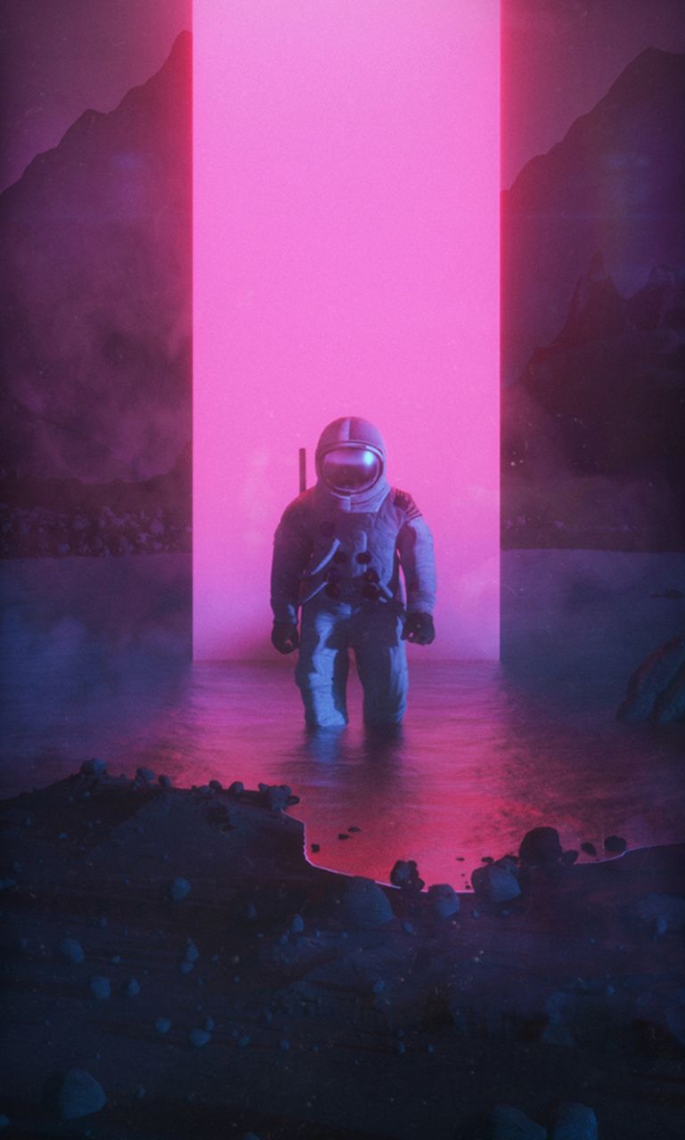 A robot standing in front of an open door - Dark vaporwave