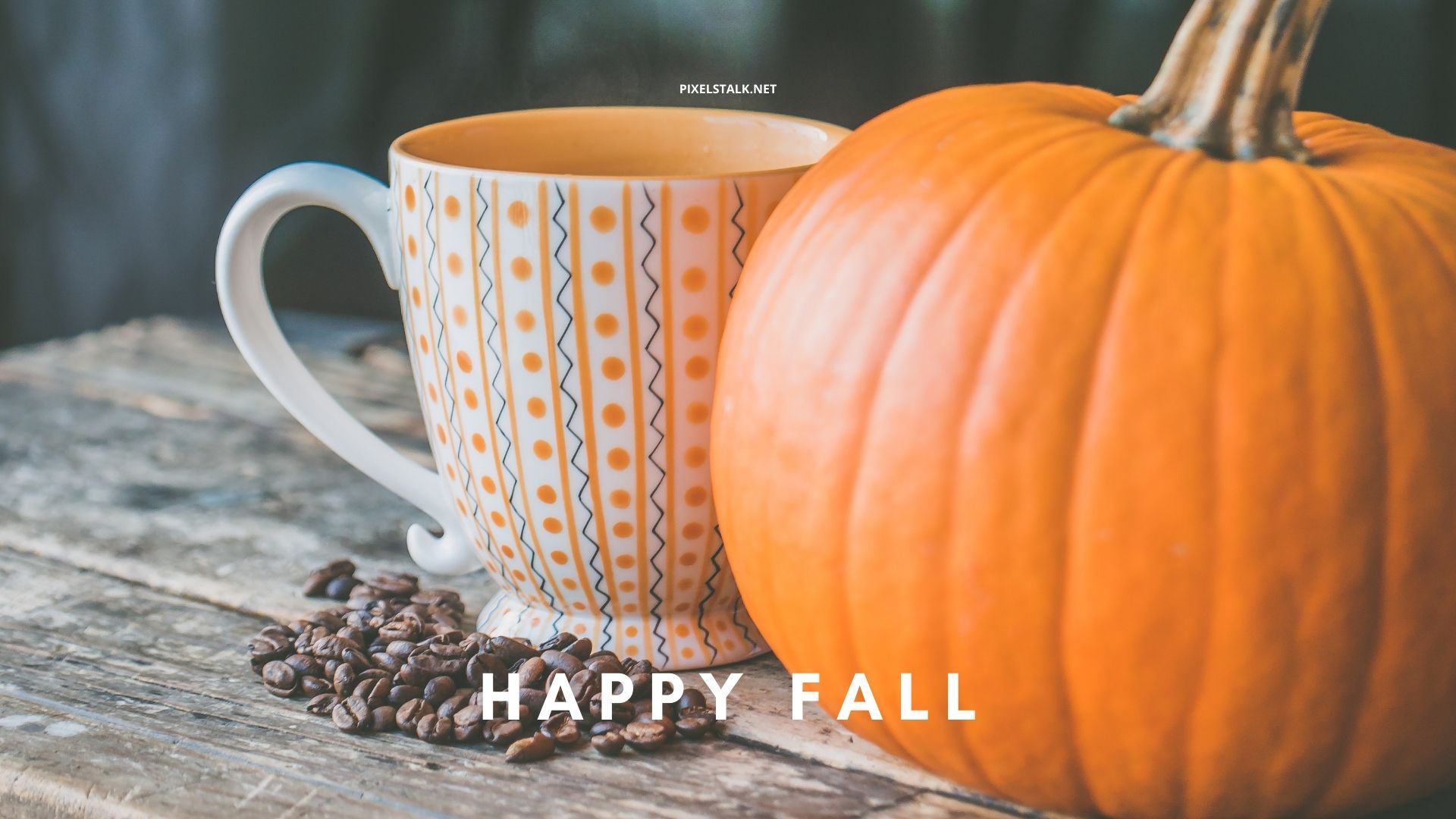 Happy Fall wallpaper with a pumpkin and a cup of coffee - Pumpkin