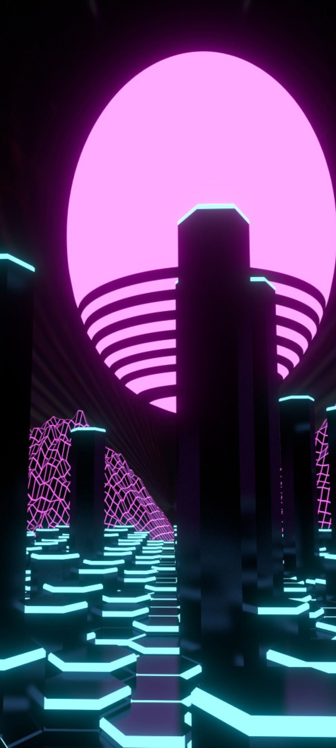 A neon city with a purple sun in the background - Dark vaporwave