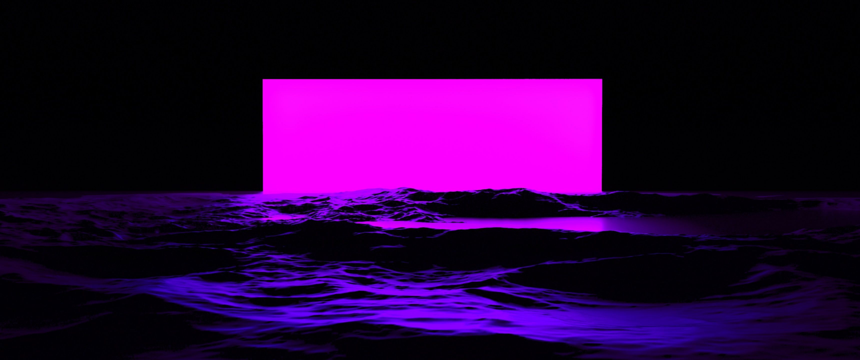 A purple square in the middle of water - Dark vaporwave, 3440x1440