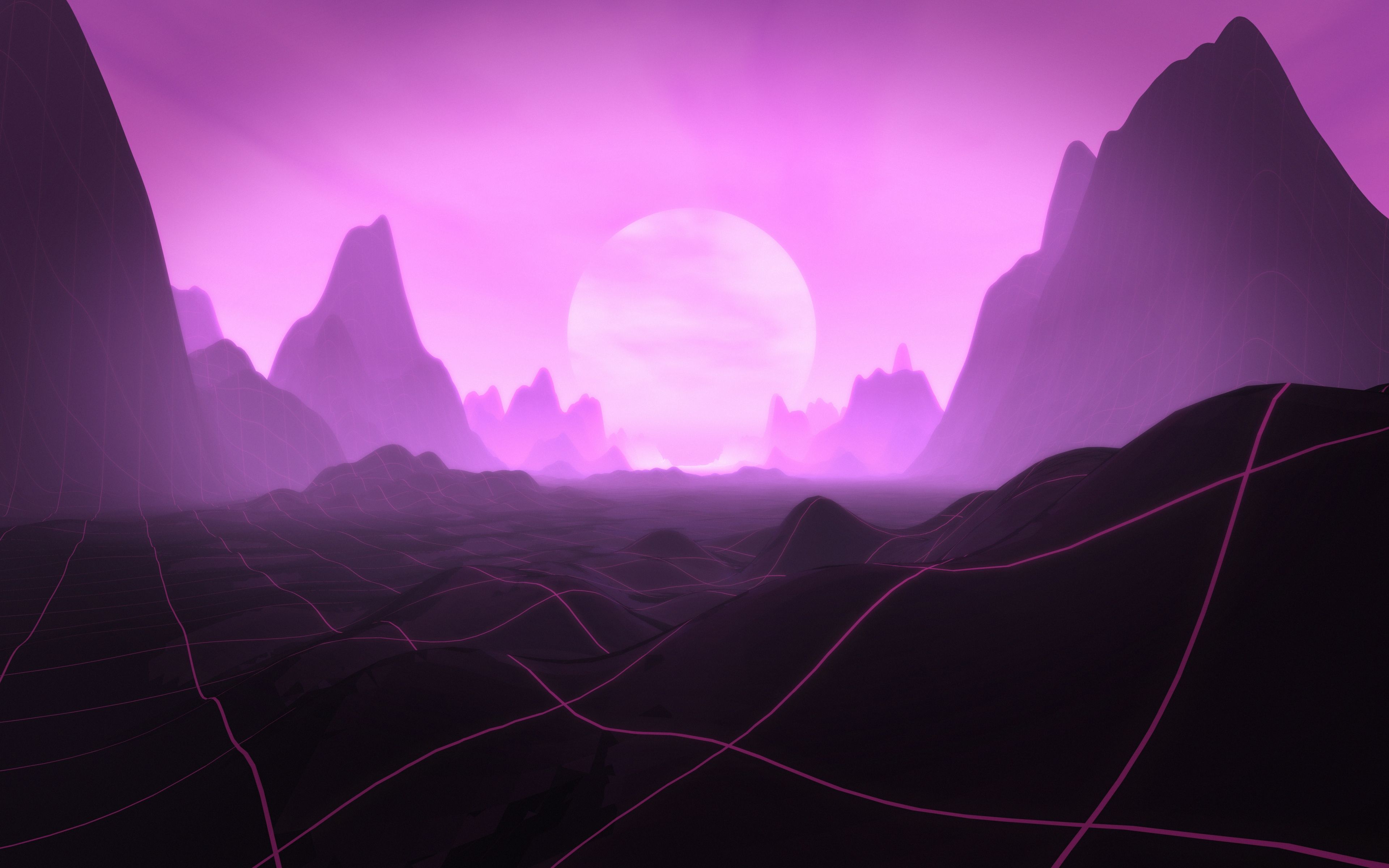 A purple and black image of a futuristic landscape with a large sun in the background. - Dark vaporwave