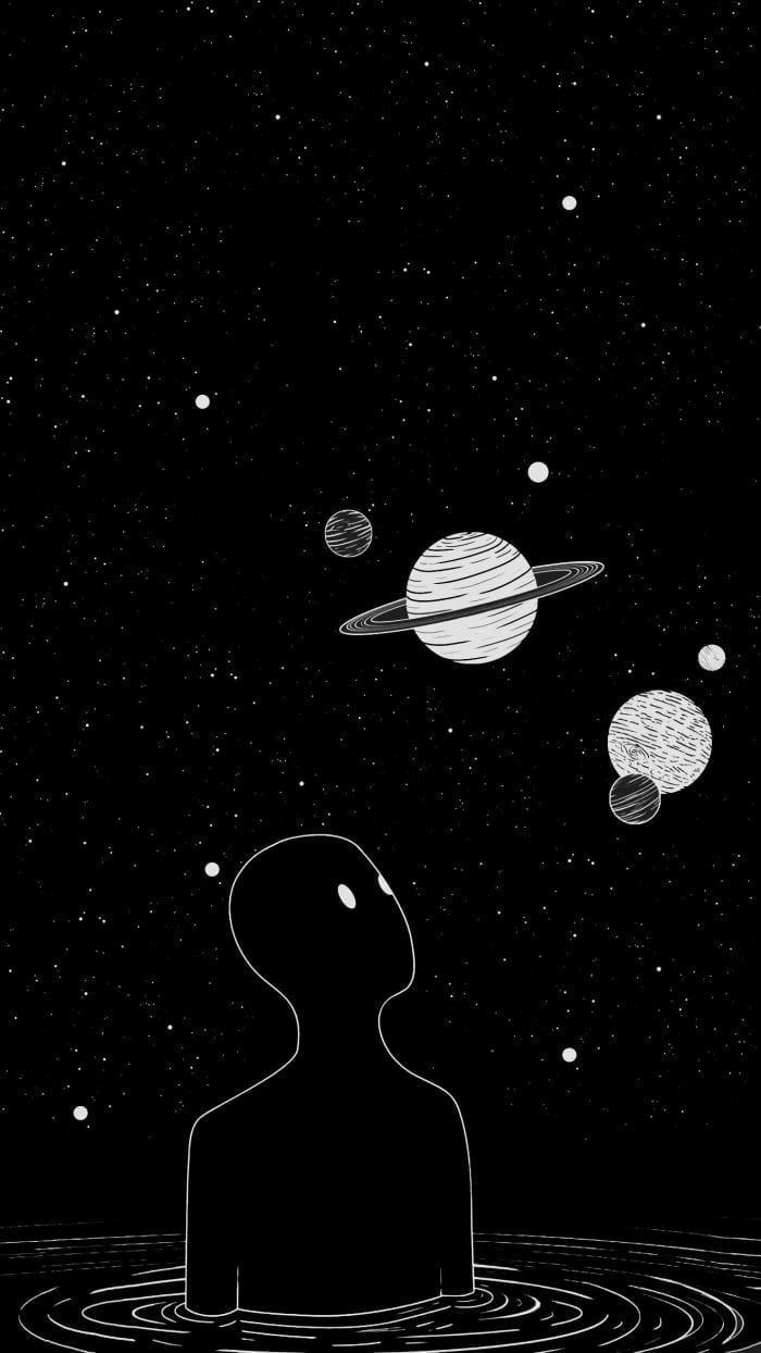 Black and white aesthetic wallpaper of a person looking at the stars - Dark vaporwave